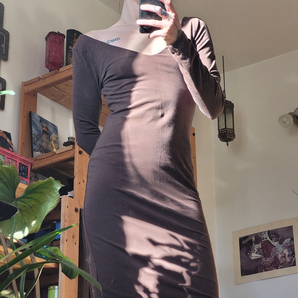 James Perse Standard Deep V Neck Brown Dress - Size 2
